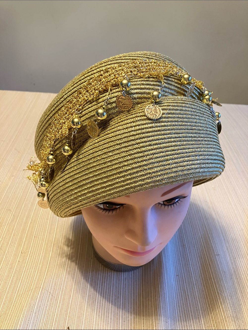 Chic Metallic Gold Decorative Women's Hat with Gold Coin Fringe Trim